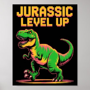 Poster Juric Level Up Pixel Dinossauro Aniversário Gamer 