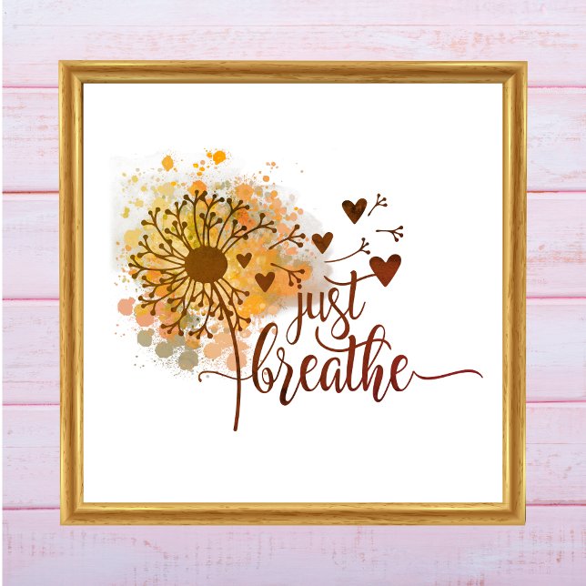 Poster Just Breathe Dandelion Hearts Encouragement Yoga   (Just Breathe Dandelion Blowing in Wind Watercolor Wall Art. Digital or Printed. Yoga Meditation )