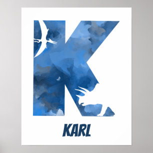 Poster "K" Dinossauro Aquarela Azul Nome da Criança Poste