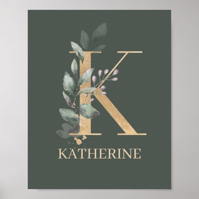 Poster K Monograma Floral Personalizado (Frente)