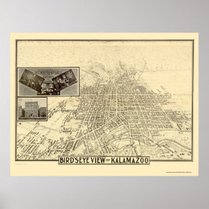 Pôster Kalamazoo, mapa panorâmico do MI - 1908