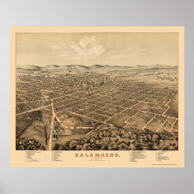 Pôster Kalamazoo, MI Panorâmica Map - 1874 (Frente)