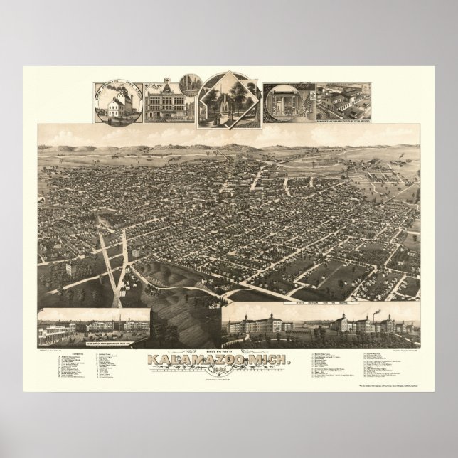 Pôster Kalamazoo, MI Panorâmica Map - 1883 (Frente)