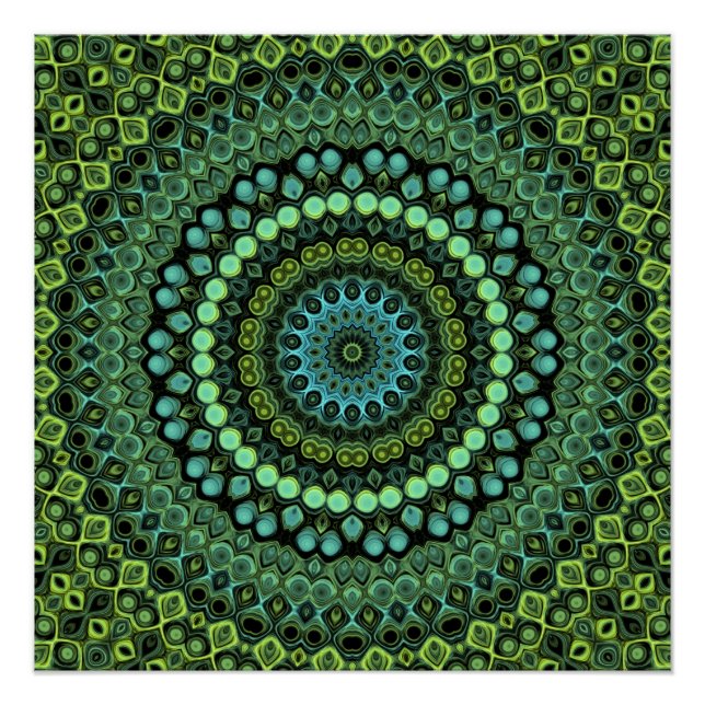 Pôster Kaleidoscópio Verde e Teal Padrão de Mandala (Frente)