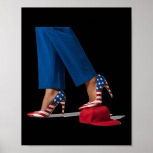 Poster Kamala Harris com saltos altos em chapéu vermelho