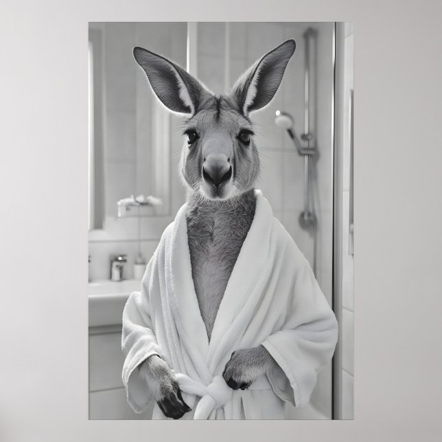 Poster Kangaroo in Bathrobe Print, Funny Animal Bathroom (Frente)