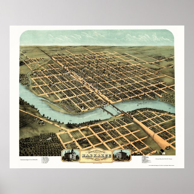 Poster Kankakee, IL Panorâmica Map - 1869 (Frente)