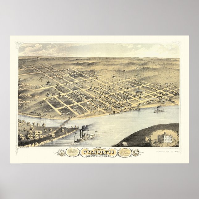 Pôster Kansas City, KS Mapa Panorâmico - 1869 (Frente)