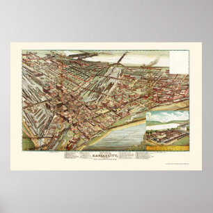 Poster Kansas City, mapa panorâmico de KS - 1895