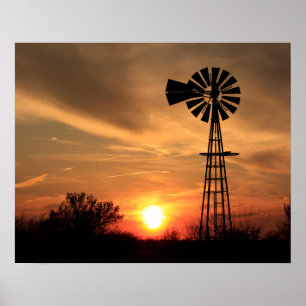 Poster Kansas Ouro Sunset com uma silhueta de Windmill