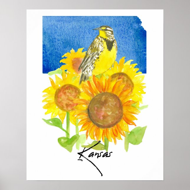 Poster Kansas State Shape Meadowlark Sunflowers  (Frente)