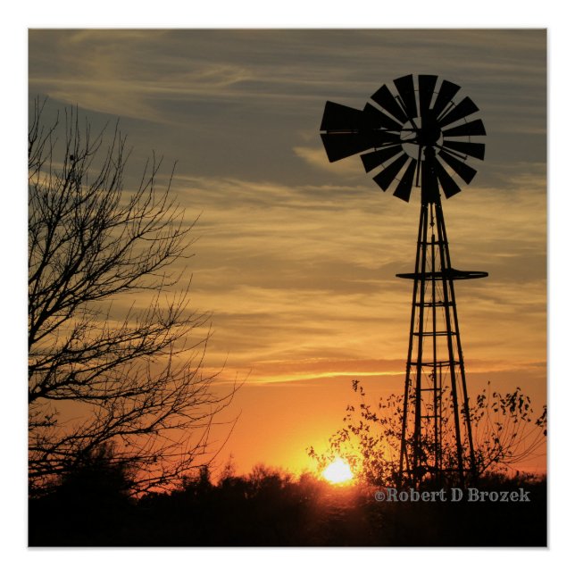 Pôster Kansas Windmill Sunset Poster brilhante (Frente)