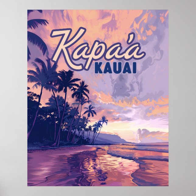 Poster Kapaa Kauai Hawaii Beach Sunset Palm Tree Retro (Frente)