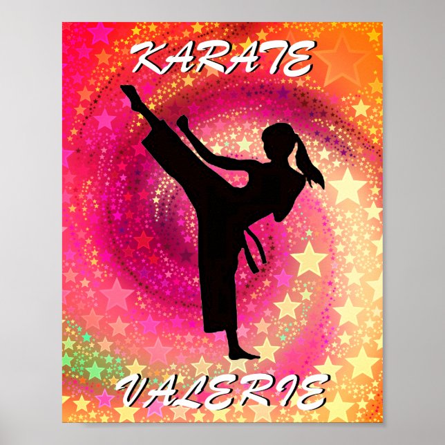 Poster Karate Girl Kick Stars and Swirls Retro (Frente)