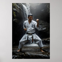 Poster Karate Master Performing Kata Under Waterfall