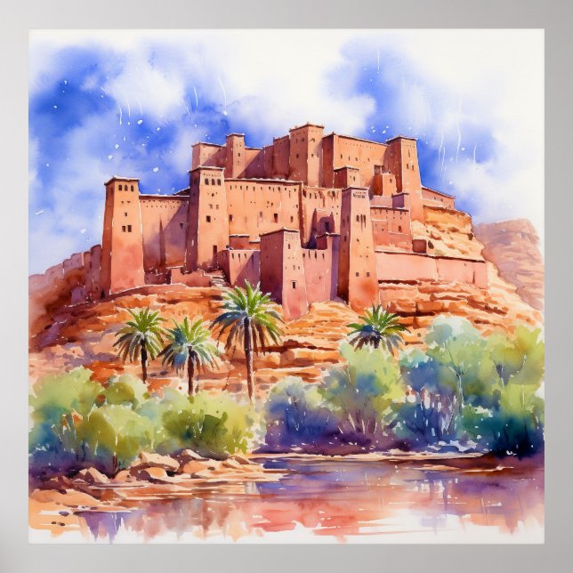 Poster Kasbah na design de plataforma de aquarela, impres (Frente)