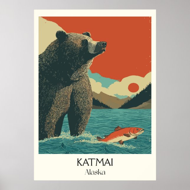 Poster Katmai Alaska Bear Fishing Salmon (Frente)