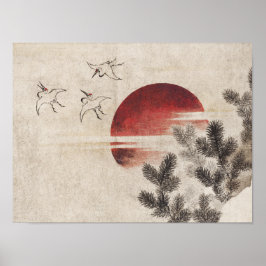 Poster Katsushika Hokusai-Birds e pôr do sol
