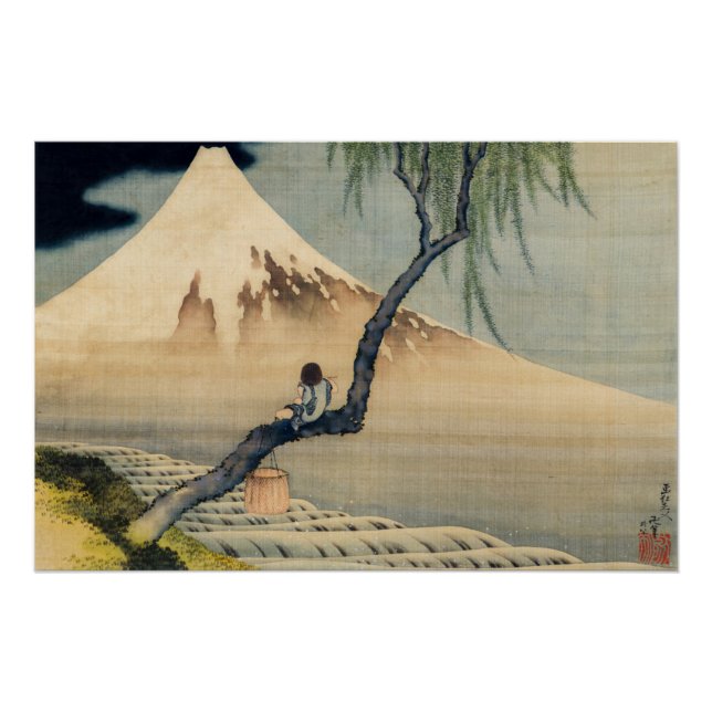 Pôster Katsushika Hokusai - Menino Vivendo o Monte Fuji (Frente)