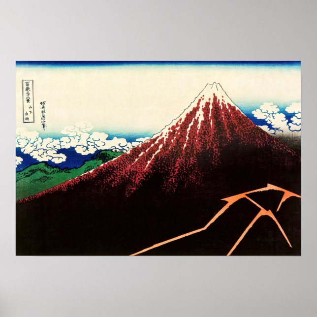 Poster Katsushika Hokusai - Relâmpagos abaixo do cume (Frente)