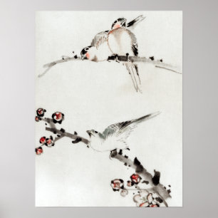 Poster Katsushika Hokusai Três Aves Empoleiradas em Rama