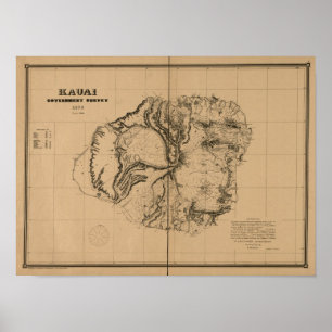 Poster Kauai, 1878, mapa de Havaí do vintage