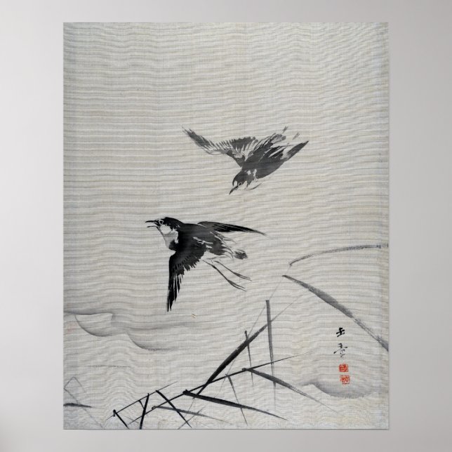 Poster Kawabata Gyokushō Pequenas Aves e Bamboo (Frente)
