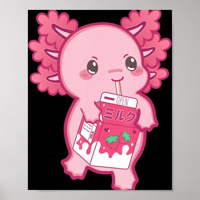 Poster Kawaii Axolotl Morango Leite Adolescente Miúdas Ja (Frente)