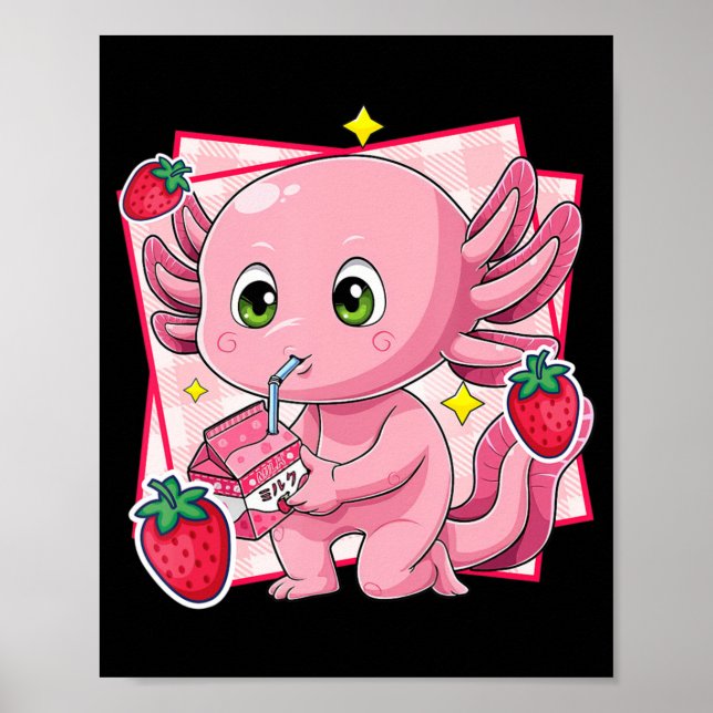 Poster Kawaii Axolotl Strawberry Milk Gift Japonês (Frente)