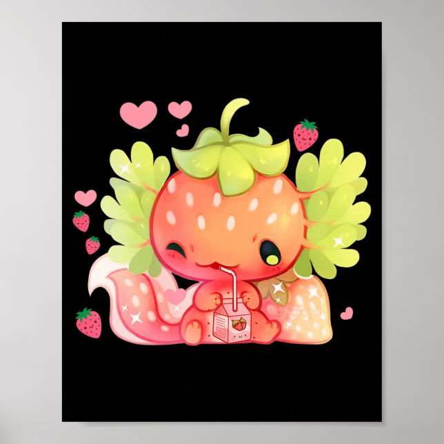 Poster Kawaii Axolotl Strawberry Milk Shake Anim Japonês (Frente)