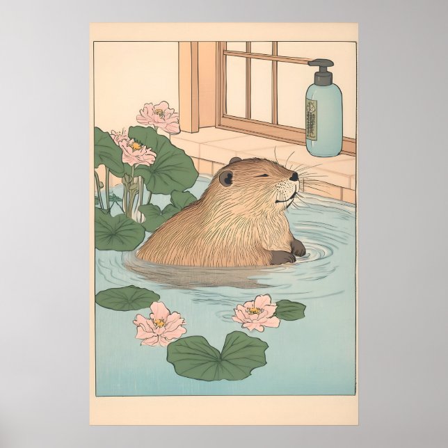 Poster Kawaii Beaver Ukiyo-e Print Funny Bathroom Japandi (Frente)
