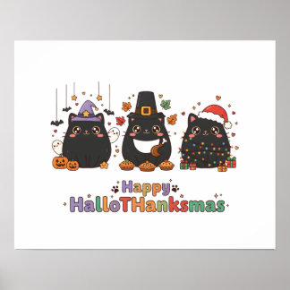 Poster Kawaii Black Cats Happy HalloThanksmas