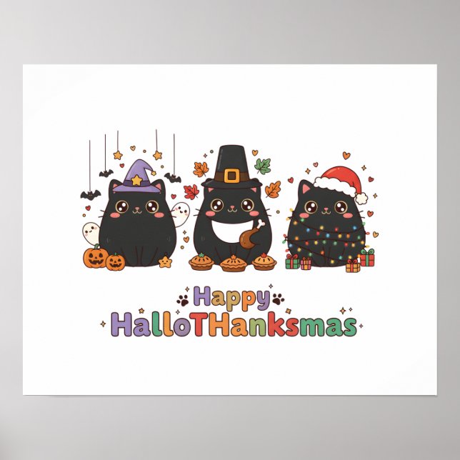 Poster Kawaii Black Cats Happy HalloThanksmas  (Frente)