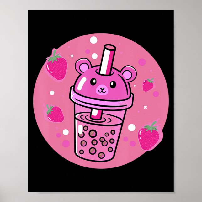 Poster Kawaii Boba Cup Strawberry Anime Bubble Tea Cute (Frente)