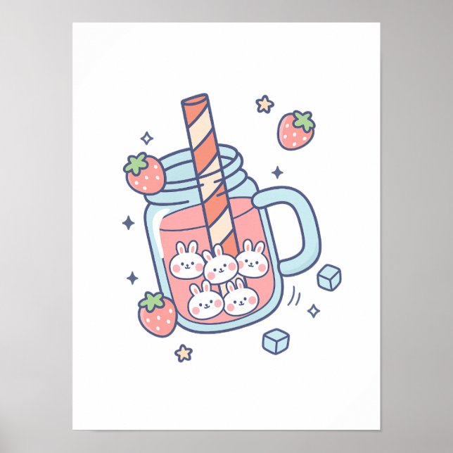 Poster Kawaii Bunny Strawberry Drink (Frente)