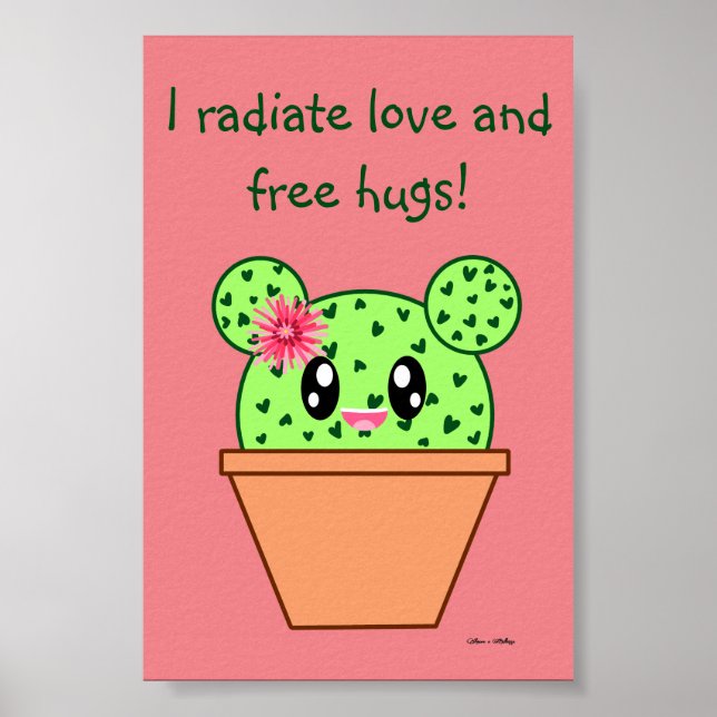 Poster Kawaii Cactus Desenho Abraços Gratuitos Rosa (Frente)