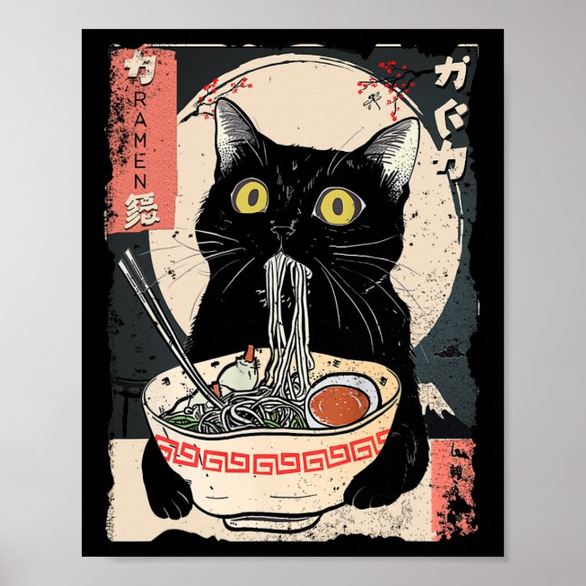 Poster Kawaii Cat Comendo Ramen Noodles Engraçado Anime G (Frente)