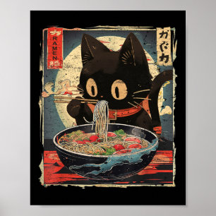 Poster Kawaii Cat Comendo Ramen Noodles Vintage Japonês M