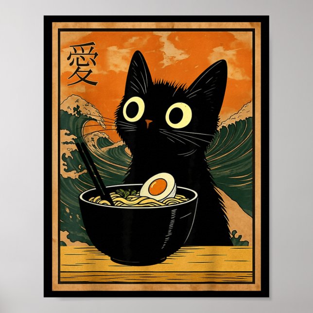 Poster Kawaii Cat Eating Ramen Noodles Funny Anime Gift G (Frente)