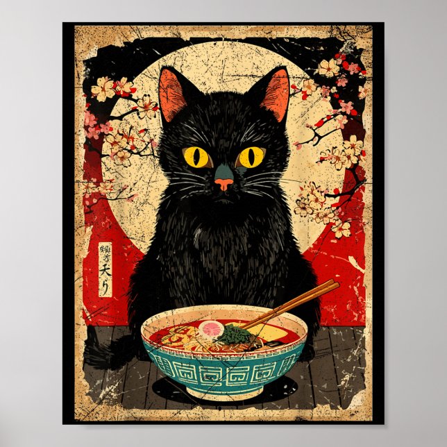 Poster Kawaii Cat Eating Ramen Noodles Funny Anime Gift G (Frente)