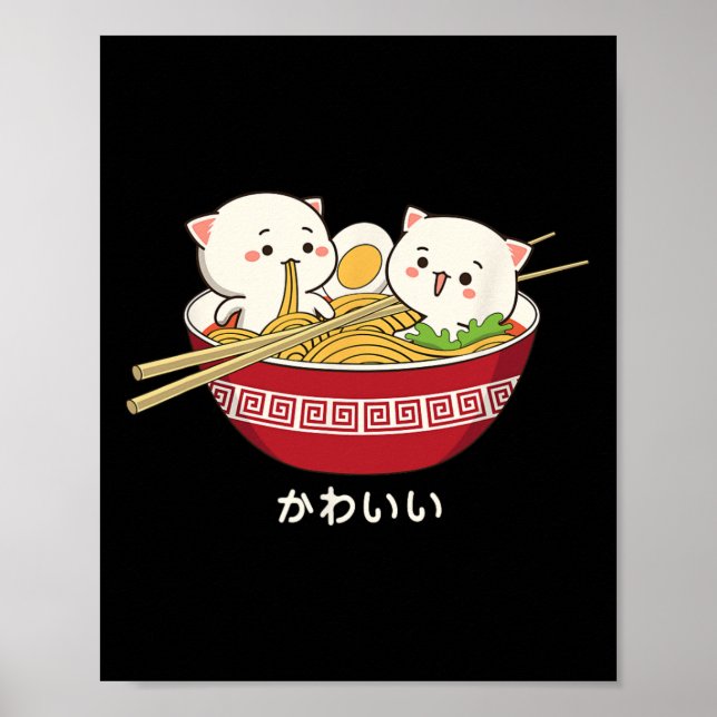 Poster Kawaii Cat Japonês Anime de Tóquio Ramen T Shirt (Frente)