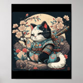 Poster Anime de Gato Samurai do Estilo Japonês Kawaii