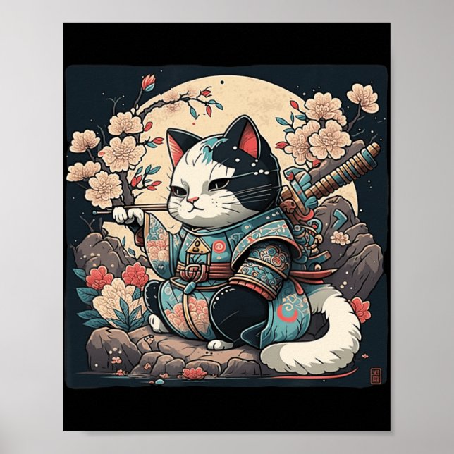Poster Kawaii Estilo Japonês Samurai Cat Kitten Anime (Frente)