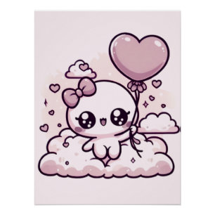 Pôster Kawaii Fofa com um Balão de Coração