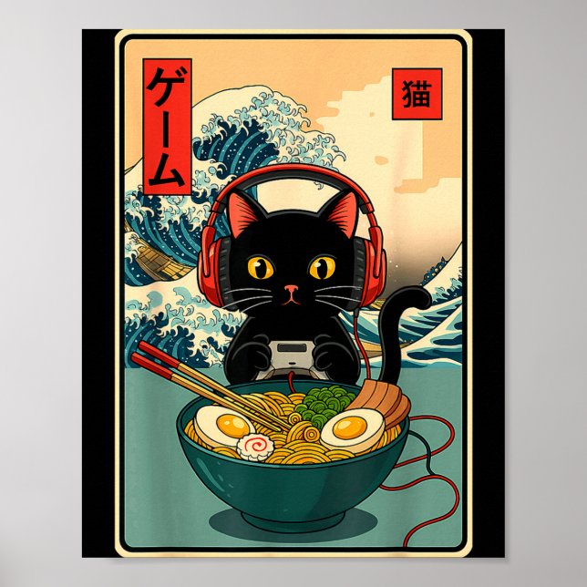 Poster Kawaii Gamer Cat Ramen Retro Japanese Funny Cat Ga (Frente)