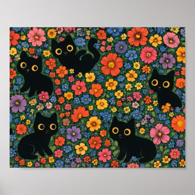 Poster Kawaii Garden Art | Cute Black Cat Floral Pattern (Frente)