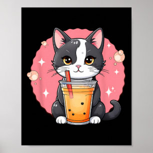 Poster Kawaii Gato Bonita Boba Tea Estilo Japonês Tuxedo 