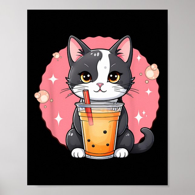 Poster Kawaii Gato Bonita Boba Tea Estilo Japonês Tuxedo  (Frente)