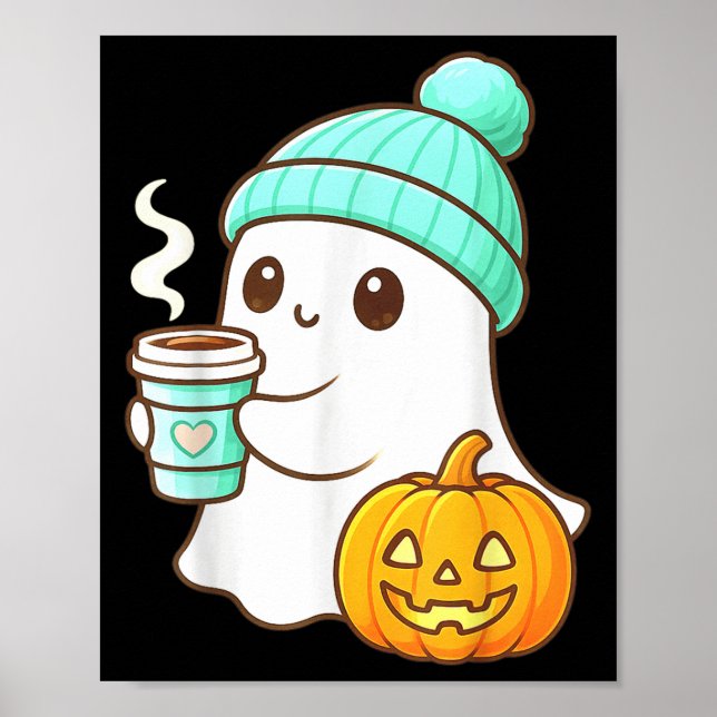 Poster Kawaii Ghost With Pumpkin Coffee Cozy Halloween Au (Frente)