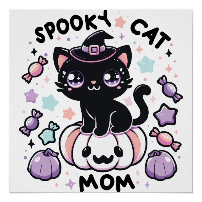 Pôster Kawaii Halloween Cat – Cute Witch Kitty on Pumpkin (Frente)